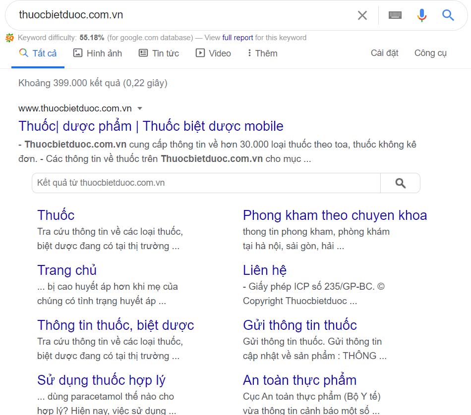 Kết quả hiển thị khi tìm kiếm "thuocbietduoc.com.vn"
