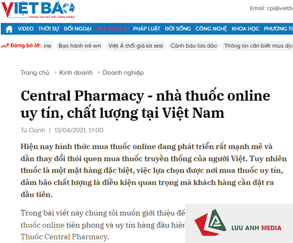 Việt Báo viết về nhà thuốc Central Pharmacy: Central Pharmacy - nhà thuốc online uy tín, chất lượng tại Việt Nam
