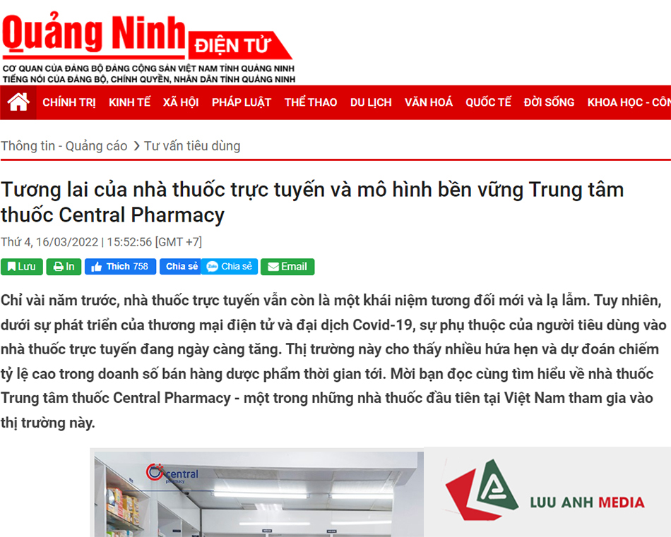 Báo Quảng Ninh: Tương lai của nhà thuốc trực tuyến và mô hình bền vững Trung tâm thuốc Central Pharmacy