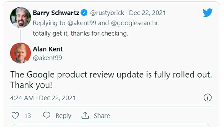 Alan Kent của Google đã có bài đăng trên Twitter thông báo về sự cập nhật