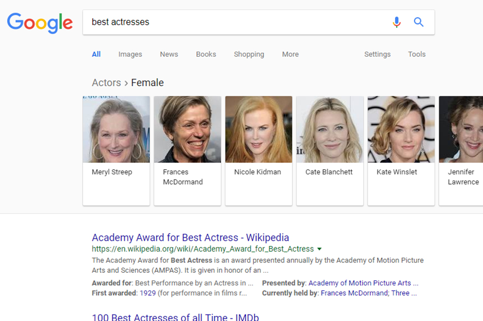 Kết quả tìm kiếm của Google với cụm từ: best actresses