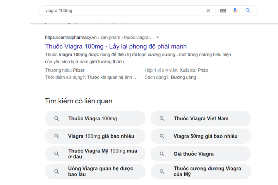 Ví dụ về nội dung tìm kiếm từ khóa "Viagra 100mg"