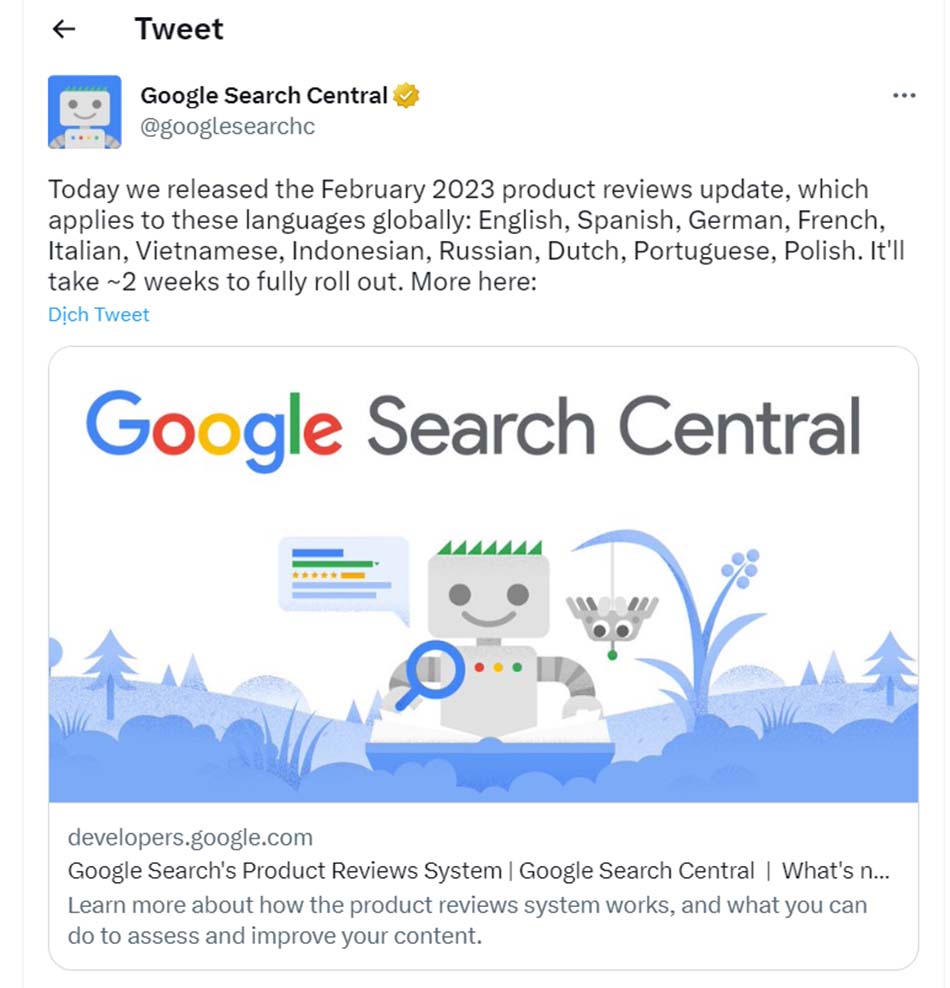 Cập nhật đánh giá sản phẩm của Google trên Twitter